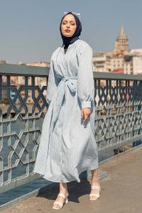 Modalamelif Hakim Yaka Çizgili Elbise Mavi