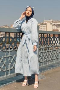 Modalamelif Hakim Yaka Çizgili Elbise Mavi