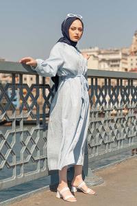 Modalamelif Hakim Yaka Çizgili Elbise Mavi