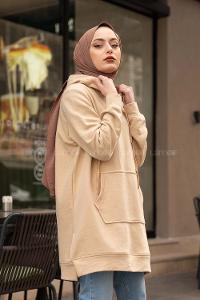 Modalamelif Kanguru Cep Kapşonlu Tunik Bej
