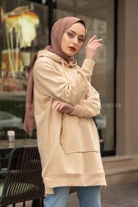 Modalamelif Kanguru Cep Kapşonlu Tunik Bej