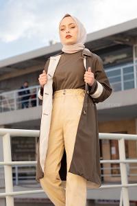 Modalamelif Önü Gizli Düğmeli Trenç Haki