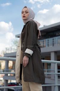 Modalamelif Önü Gizli Düğmeli Trenç Haki