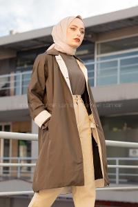 Modalamelif Önü Gizli Düğmeli Trenç Haki