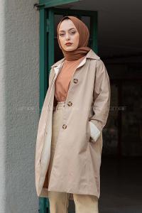 Modalamelif Önü Gizli Düğmeli Trenç Taş