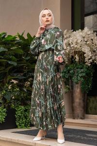 Modalamelif Yaka Bağlamalı Eteği Piliseli Elbise Haki