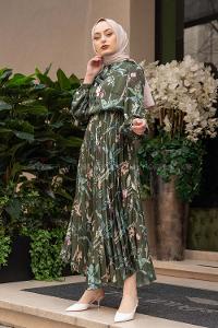 Modalamelif Yaka Bağlamalı Eteği Piliseli Elbise Haki