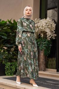 Modalamelif Yaka Bağlamalı Eteği Piliseli Elbise Haki