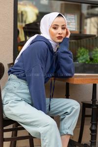 Modalamelif Kuş Gözlü Kapşonlu Swatshirt İndigo