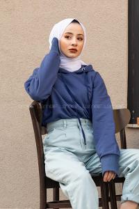 Modalamelif Kuş Gözlü Kapşonlu Swatshirt İndigo