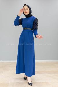Modalamelif Kol Tül Puanlı Kemerli Elbise İndigo