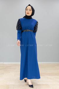 Modalamelif Kol Tül Puanlı Kemerli Elbise İndigo