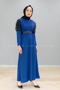 Modalamelif Kol Tül Puanlı Kemerli Elbise İndigo
