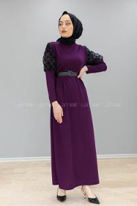 Modalamelif Kol Tül Puanlı Kemerli Elbise Mürdüm