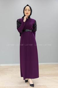 Modalamelif Kol Tül Puanlı Kemerli Elbise Mürdüm