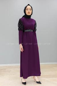 Modalamelif Kol Tül Puanlı Kemerli Elbise Mürdüm