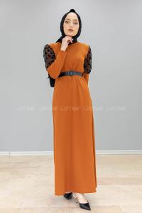 Modalamelif Kol Tül Puanlı Kemerli Elbise Taba