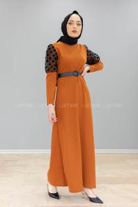 Modalamelif Kol Tül Puanlı Kemerli Elbise Taba