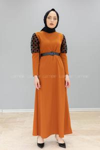 Modalamelif Kol Tül Puanlı Kemerli Elbise Taba