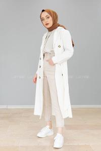 Modalamelif Önü Düğmeli Belden Bağlamalı Trenç Ekru