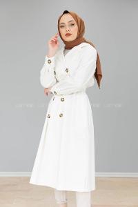 Modalamelif Önü Düğmeli Belden Bağlamalı Trenç Ekru