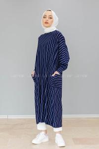 Modalamelif Yarasa Kol Çizgili Salaş Tunik Lacivert