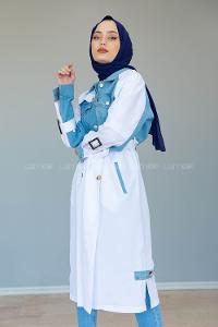 Modalamelif Belden Bağlamalı Kot Garnili Trenç Beyaz