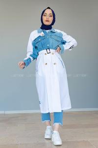 Modalamelif Belden Bağlamalı Kot Garnili Trenç Beyaz