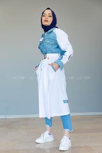 Modalamelif Belden Bağlamalı Kot Garnili Trenç Beyaz