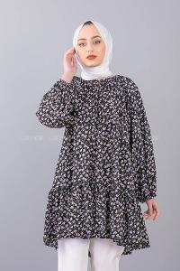 Modalamelif Balon Kol Desenli Tunik Siyah