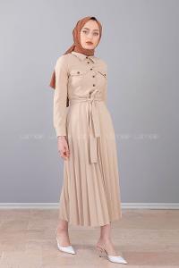 Modalamelif Gömlek Yaka Eteği Piliseli Elbise Bej