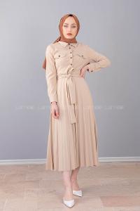 Modalamelif Gömlek Yaka Eteği Piliseli Elbise Bej