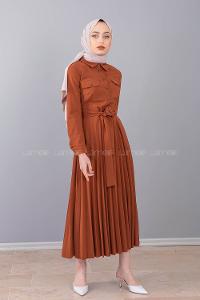 Modalamelif Gömlek Yaka Eteği Piliseli Elbise Camel