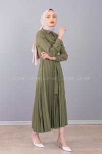 Modalamelif Gömlek Yaka Eteği Piliseli Elbise Haki