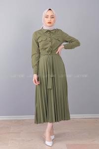Modalamelif Gömlek Yaka Eteği Piliseli Elbise Haki