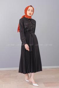 Modalamelif Gömlek Yaka Eteği Piliseli Elbise Siyah