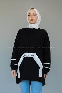 Modalamelif Kanguru Cep Story Yourself Baskılı Tunik Siyah