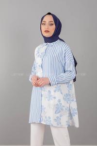 Modalamelif Garnili Çiçek Desen Gömlek Açık Mavi