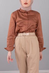 Modalamelif Önü Gizli Düğmeli Gömlek Kahverengi