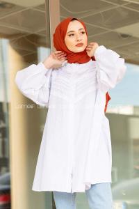 Modalamelif Balon Kol Gipeli Gömlek Tunik Beyaz