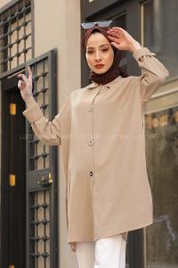 Modalamelif Büyük Düğmeli Yanları Yırtmaçlı Gömlek Bej