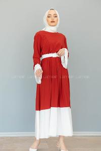 Modalamelif Kiremit Çingene Model Beyaz Geçişli Kemerli Elbise