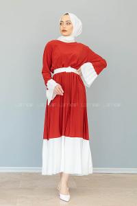 Modalamelif Kiremit Çingene Model Beyaz Geçişli Kemerli Elbise