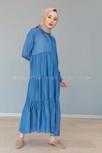 Modalamelif Gömlek Yaka Katlı Elbise Turkuaz