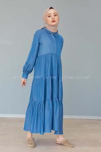 Modalamelif Gömlek Yaka Katlı Elbise Turkuaz