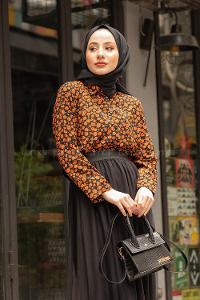 Modalamelif Çiçek Desen Gömlek Siyah