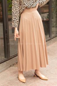 Lamelif Mira Kumaş Sütlü Kahve Pliseli Etek