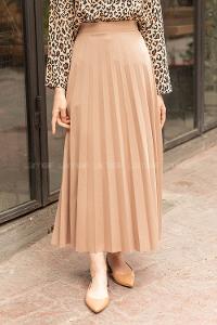 Lamelif Mira Kumaş Sütlü Kahve Pliseli Etek
