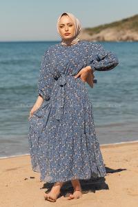 Modalamelif Çiçek Desen Fırfırli Elbise İndigo