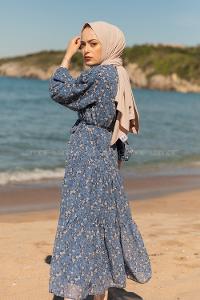 Modalamelif Çiçek Desen Fırfırli Elbise İndigo